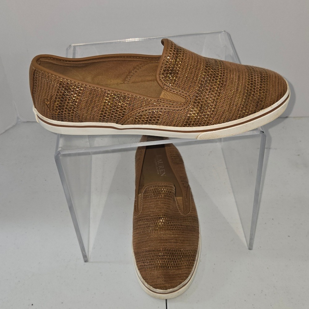 Lauren Ralph Lauren Janis Tan Gold Faux Straw Slip On Sneakers Shoes 8B AC955